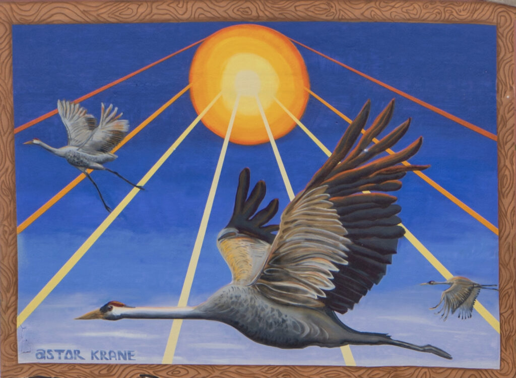Fliegende Kraniche & bauende Krane (Lack/Wand, 7 x 5 m)