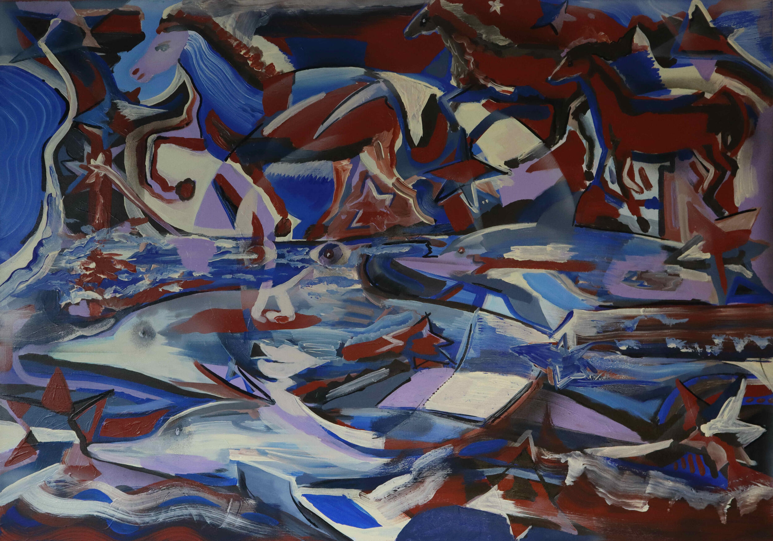 Die Atmosphäre von Pferden und Delphinen (Acryl/Leinwand 70 x 100 cm)
