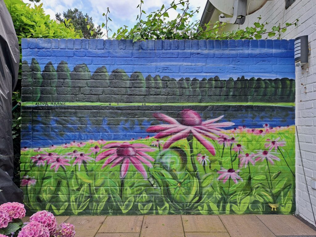 Echinacea am Fluß (Lack auf Wand, 2 x 1,5m)